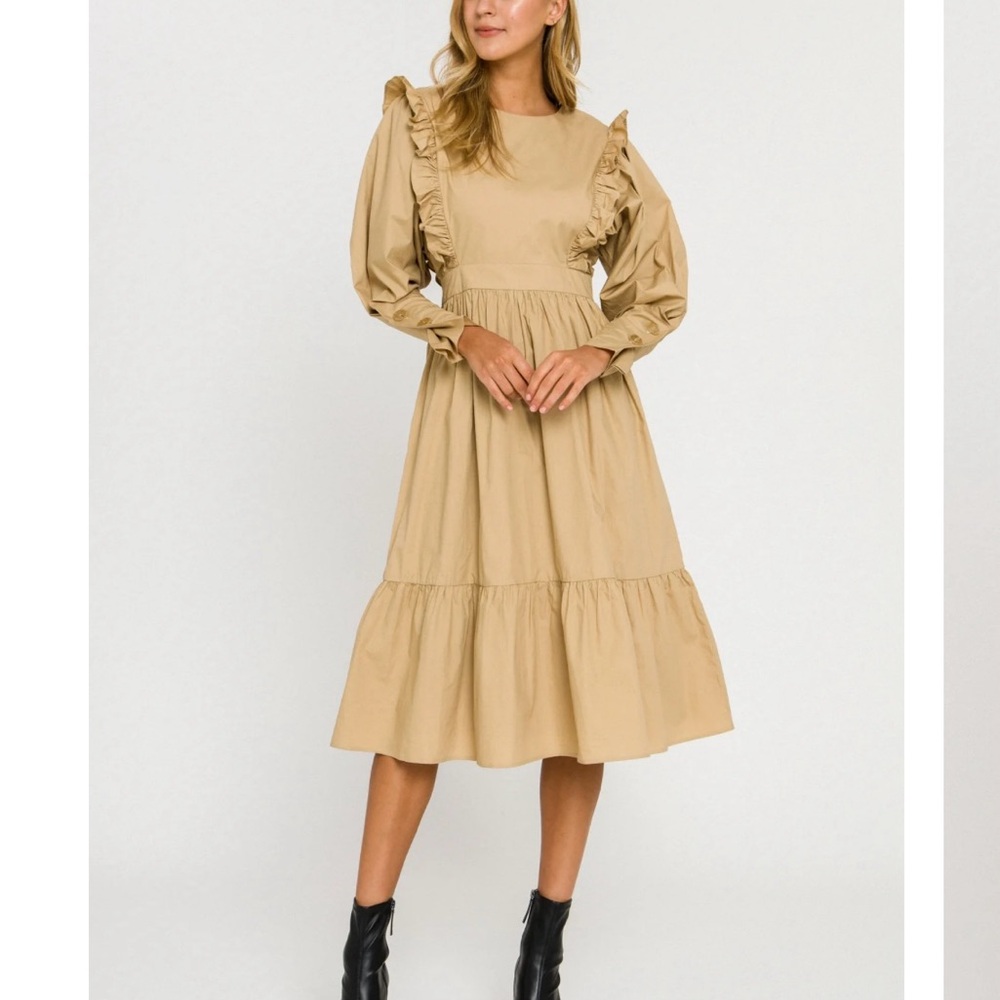 Tan Tiered A-Line Dress with Bishop Sleeves